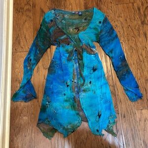 Vintage Y2K Sheer Tie-Front Tunic Top Blue Green Fairycore Rayon Boho Festival